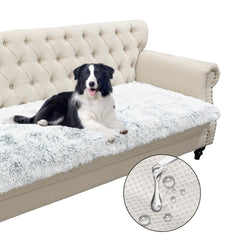Snugglesinto bed mat plush fur 30x70 on sofa provides cozy comfort and furniture protection.
