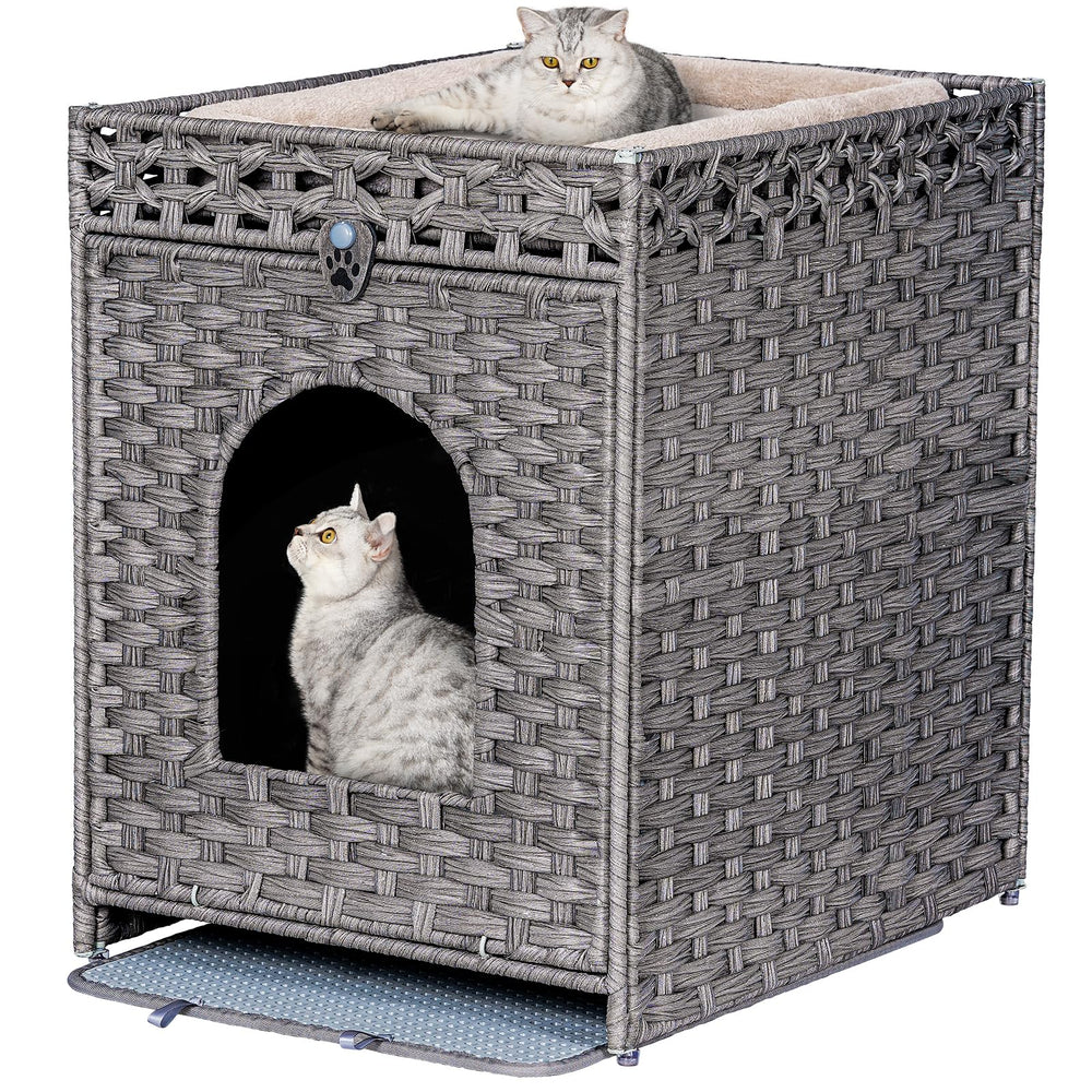 Snughome litter box enclosure front view shows hidden design and rustic rattan aesthetic