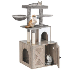 Snughome cat litter box enclosure full view shows space-saving wooden furniture in grey