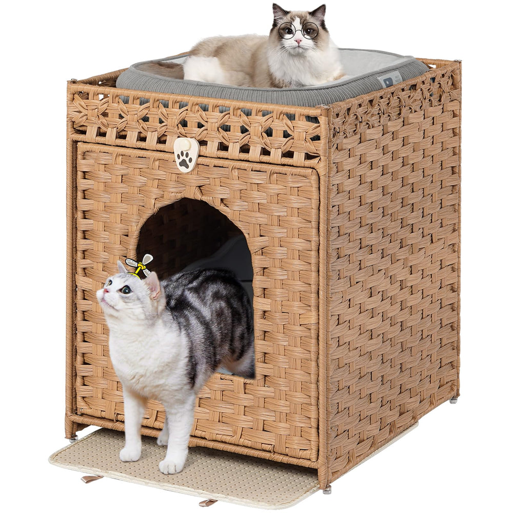 Snughome litter box enclosure with rattan entrance offers discreet pet space in living rooms.