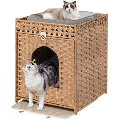 Snughome litter box enclosure with rattan entrance offers discreet pet space in living rooms.