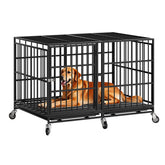 Snuowu 48-inch heavy-duty dog crate with wheels in front view for easy relocation