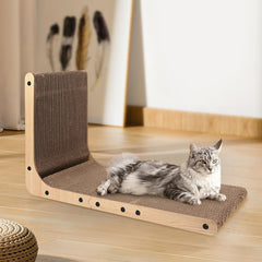 SOCATER Cat Scratcher L Shape 26.8-inch in-use demonstrates full-body stretch and claw extension
