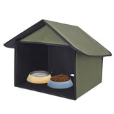 SoeKoa outdoor cat feeding station in green fabric keeps food clean and dry in rain.