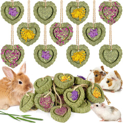 Sofier timothy treats original cakes hung by rope for chew-friendly cage enrichment.