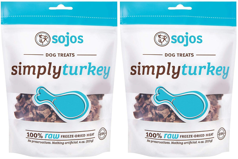 SOJOS Simply Turkey Dog Treats pack front, convenient bite-sized rewards for training.