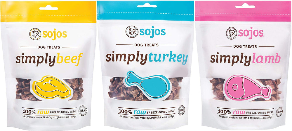 Sojos three-flavor raw freeze-dried dog treats bundle for training rewards.