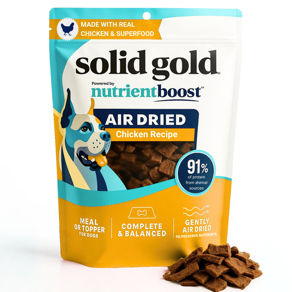 Solid Gold air-dried toppers real chicken bowl boosts protein for active dogs.