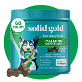 Solid Gold Calming Chews bottle closeup showing bacon flavor for relaxed dogs