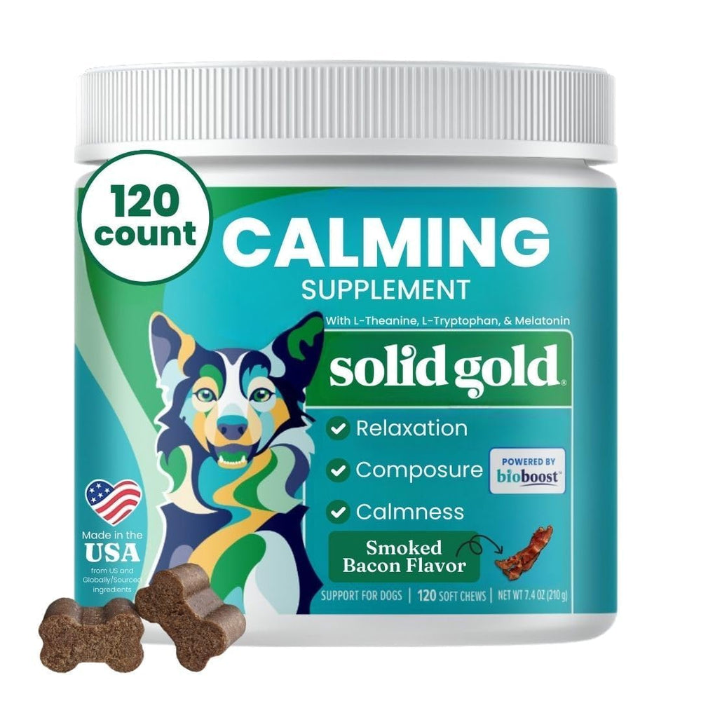 Solid Gold Calming Chews bottle-front promotes calm, travel-ready dogs