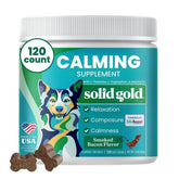 Solid Gold Calming Chews bottle-front promotes calm, travel-ready dogs