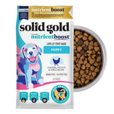 Solid Gold chicken dry puppy food bag highlighting cage-free chicken for lean protein.