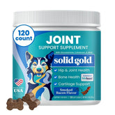 Solid Gold dog hip joint supplement bottle pour promotes joint support.