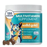 Solid Gold Dog Multivitamin bottle front showing bacon-flavored chews for daily wellness.