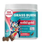 Solid Gold dog pee grass repair chews packaging shows 120-count bottle for lawn care.