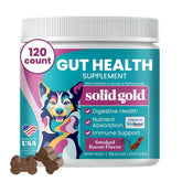 Solid Gold dog probiotics bottle front shows digestive health support for dogs of all ages.