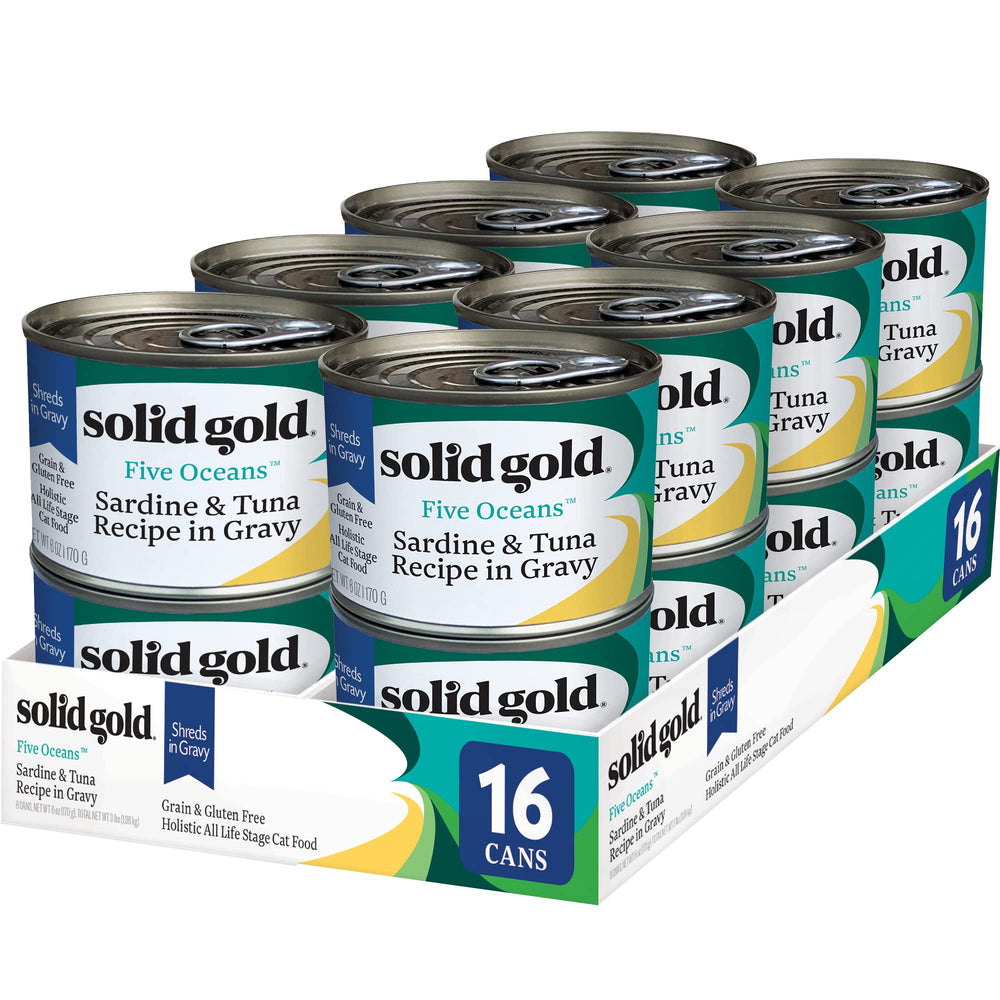 Solid Gold Five Oceans shreds in gravy tuna can provides premium protein for cats.