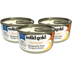 Solid Gold Five Oceans shreds in gravy bowl closeup with grain-free protein