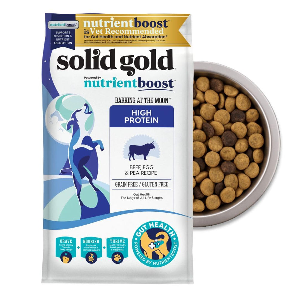 Solid Gold high-protein dog food bag highlights beef-based nutrition for active dogs.