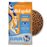 Solid Gold high protein dry cat food kibble closeup showing protein rich nutrition for active cats