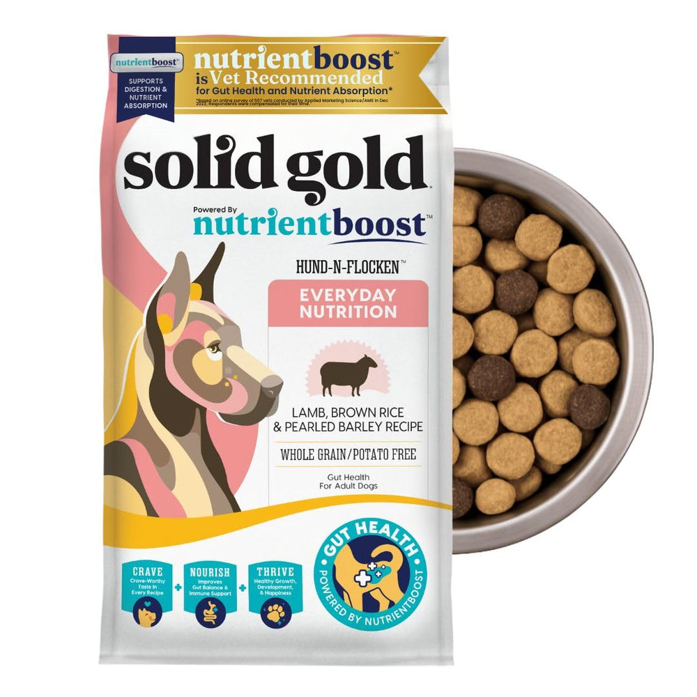 Solid Gold lamb dog food dry kibble bowl promotes balanced nutrition for active dogs.