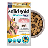Solid Gold lamb dog food dry kibble bowl promotes balanced nutrition for active dogs.