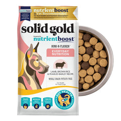 Solid Gold lamb dog food dry kibble bowl promotes balanced nutrition for active dogs.