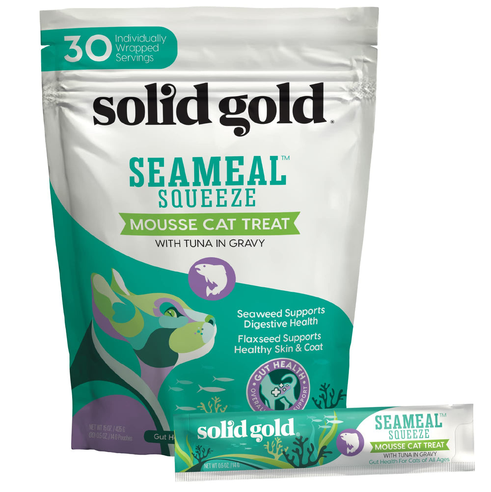 Solid Gold lickable tuna-seameal-tube; creamy texture for easy feeding.