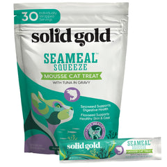 Solid Gold lickable tuna-seameal-tube; creamy texture for easy feeding.