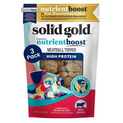 Solid Gold Meatball Topper in a bowl boosts dog meals with high-protein flavor.