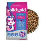 Solid Gold Mighty Mini packaging highlighting small-breed formula for easy feeding.