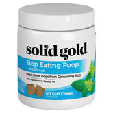Solid Gold No Poo Chews bottle packaging demonstrates convenient dog deterrent chew for stool safety.