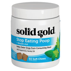 Solid Gold No Poo Chews bottle packaging demonstrates convenient dog deterrent chew for stool safety.