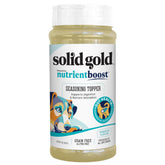 Solid Gold Nutrient Boost Topper Shaker sprinkling pumpkin on dog bowl for tastier meals.