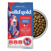 Solid Gold pollock weight-management dry dog food bag for lean protein.