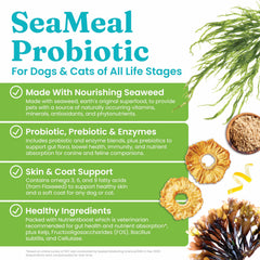 Solid Gold SeaMeal dog probiotic application scene highlights coat health benefits.