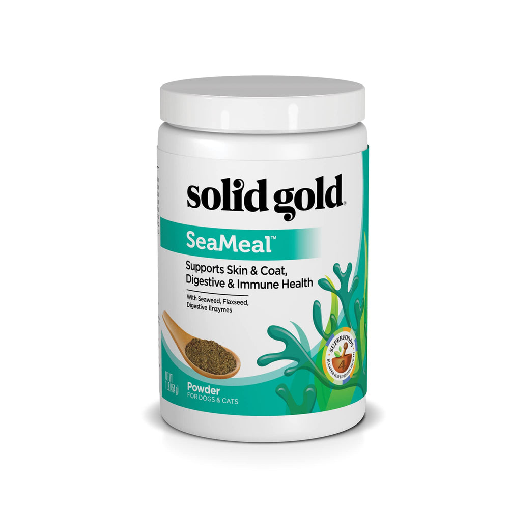 Solid Gold SeaMeal kelp powder bottle highlighting seaweed blend for skin and coat support.