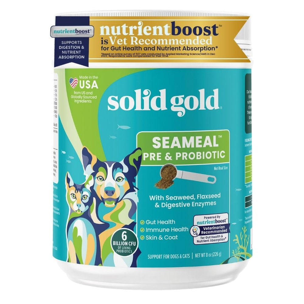 Solid Gold SeaMeal tub front view for dogs and cats promoting digestive wellness.