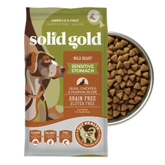 Solid Gold Sensitive Stomach dog food bag front showing grain-free formula for digestion support