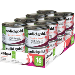 Solid Gold Tropical Blendz salmon pate packaging highlights premium protein for cats.
