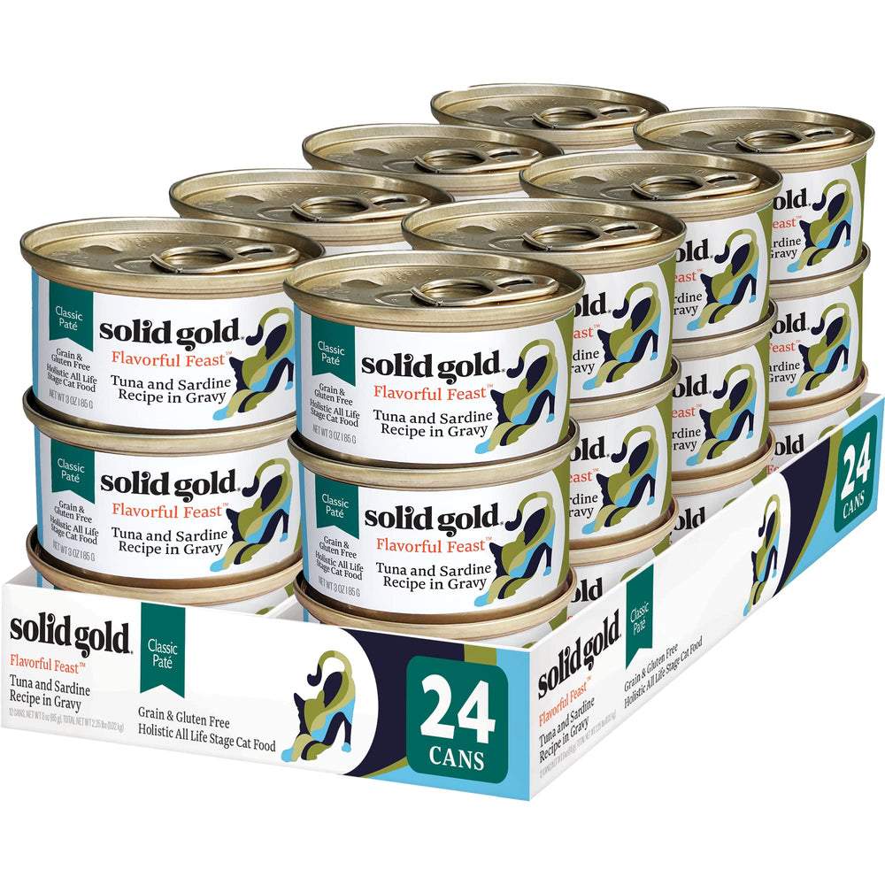 Solid Gold wet cat food pate tuna-sardine closeup highlights protein-rich texture for picky eaters