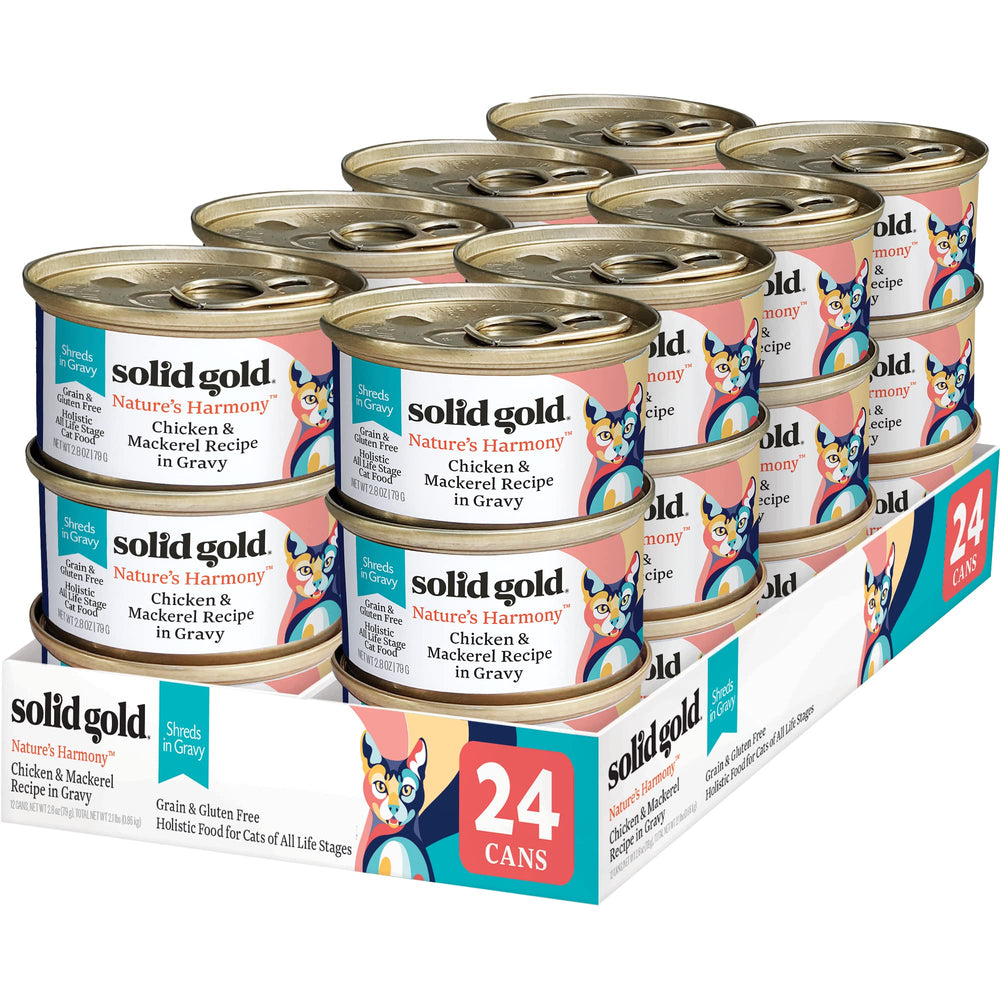 Solid Gold wet cat food shreds in gravy with real chicken and mackerel for protein-packed meals