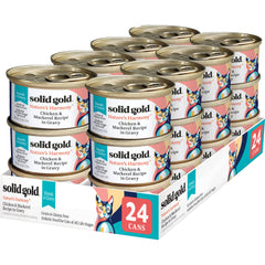 Solid Gold wet cat food shreds in gravy with real chicken and mackerel for protein-packed meals