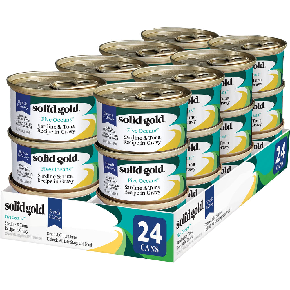 Solid Gold wet cat food shreds in gravy with tuna and sardine—hydration-friendly texture.