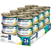 Solid Gold wet cat food shreds in gravy with tuna and sardine—hydration-friendly texture.