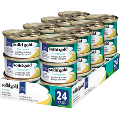 Solid Gold wet cat food shreds in gravy with tuna and sardine—hydration-friendly texture.