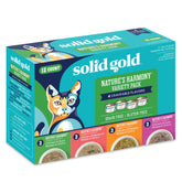 Solid Gold wet cat food can-top opened with shreds in gravy for hydration.