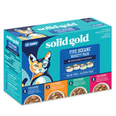 Solid Gold wet cat food variety pack shreds in gravy tuna bowl, hydrating and flavorful meal