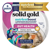 Solid Gold wet-dog-food-topper front cups showing chicken beef pumpkin for gut-friendly meals