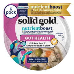 Solid Gold wet-dog-food-topper front cups showing chicken beef pumpkin for gut-friendly meals